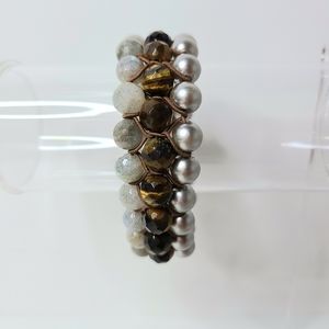 Triple Strand Bead Stretch Faux Pearl Natural Stone Bracelet